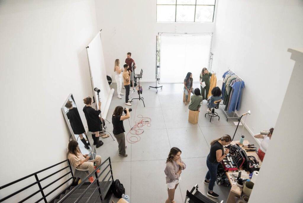 Aerial view of photo studio showing crew