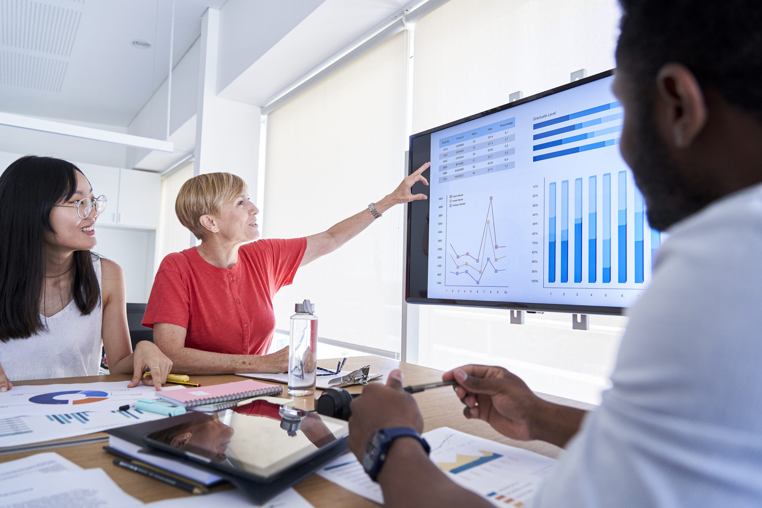 Colleagues looking at business charts on computer screen in the office. Three people around a desk , one person in red pointing to a computer screen showing graphs and charts.